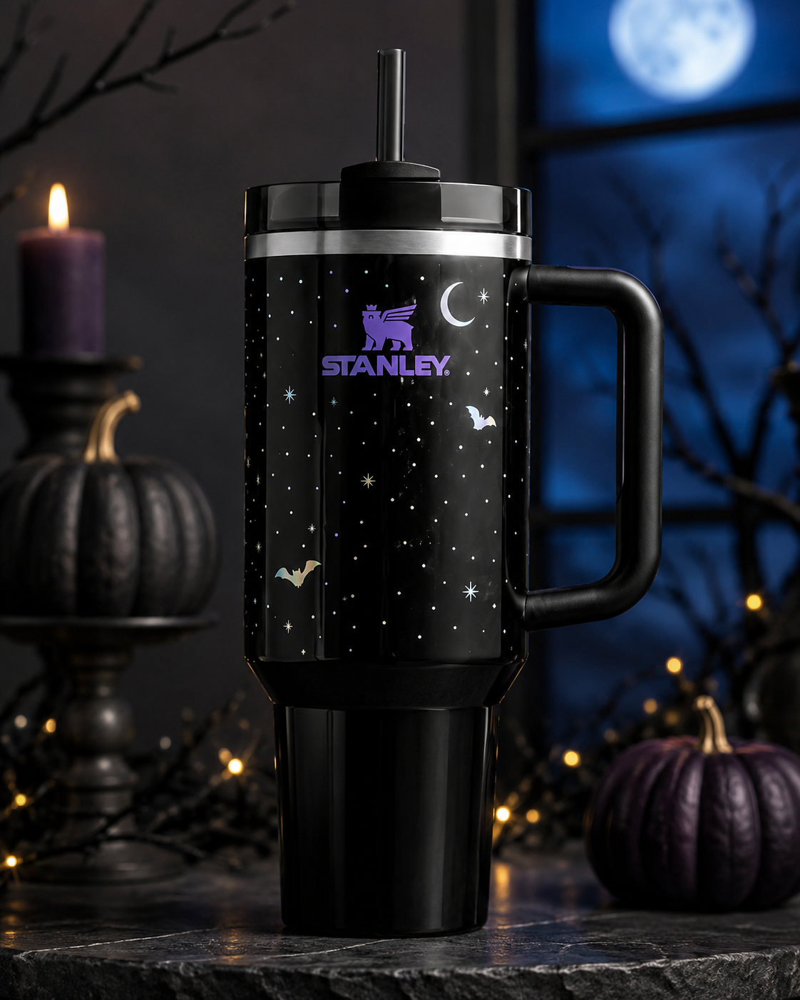 Halloween Spellcast Black Tumbler – Celestial Bats & Moon Design